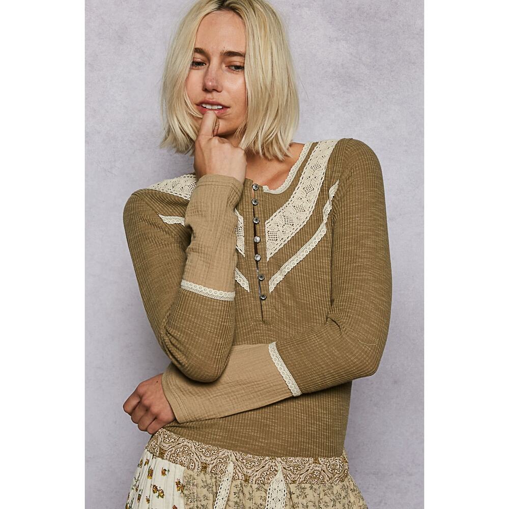 POL Half Button Lace Detail Long Sleeves Crew Neck Casual Rib Knit Top | Olive - Picture 5 of 6